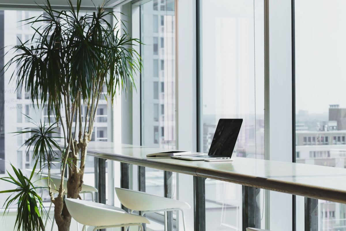 A quiet office desk by a window with a laptop closed on it